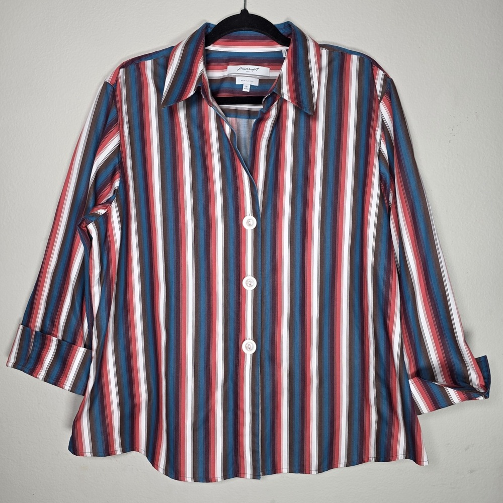 Foxcroft Womens Size 18‎ Blue Red Striped Wrinkle Free Button Front Shirt Retro